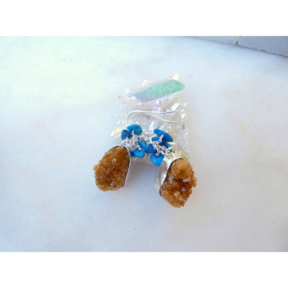 Bright Orange Citrine - Blue Arizona Turquoise Sterling Silver Earrings - Picture 4 of 9